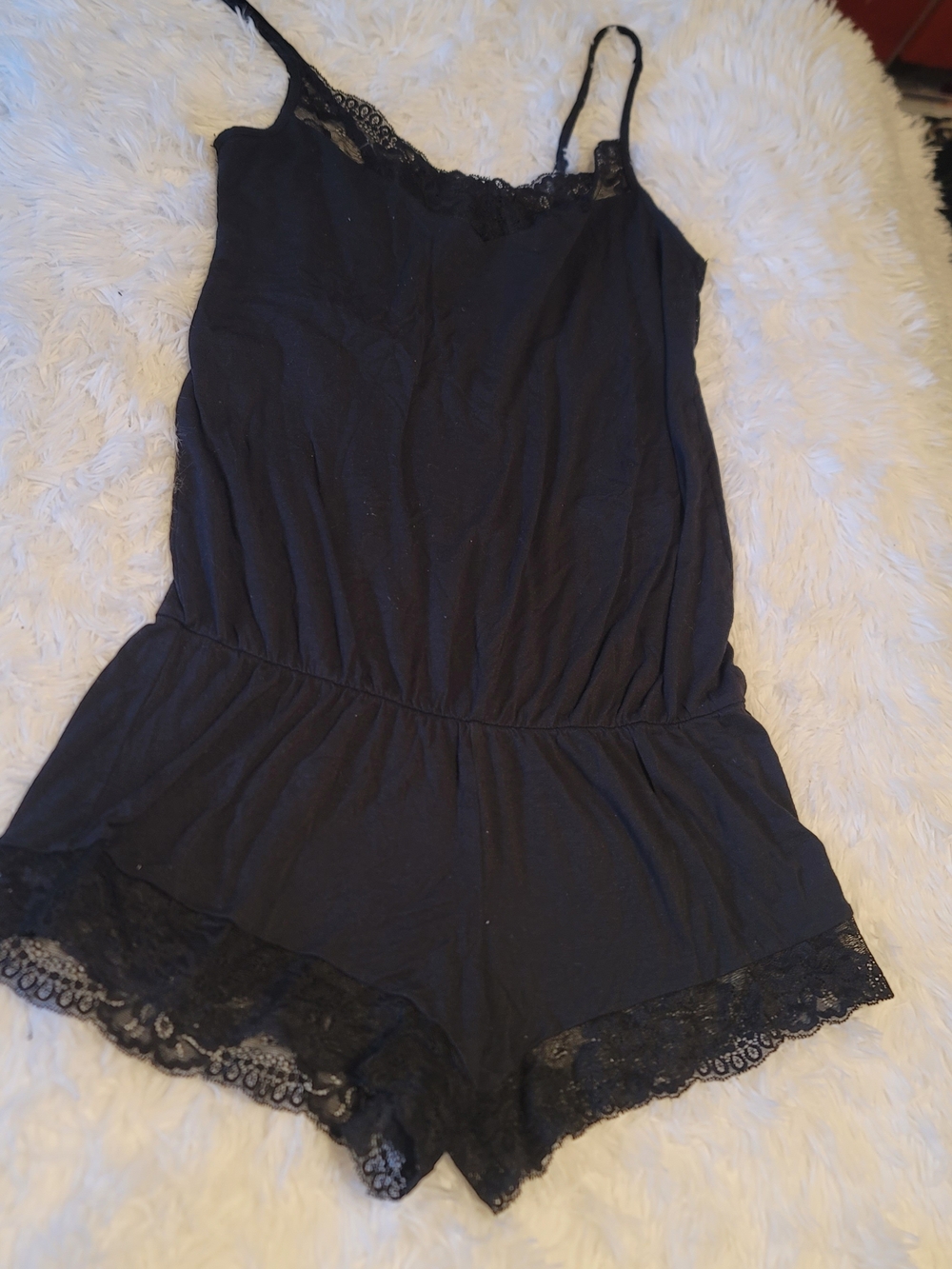 Frederick's of Hollywood Black Lace-Trim Sleep Romper Size Small Vintage